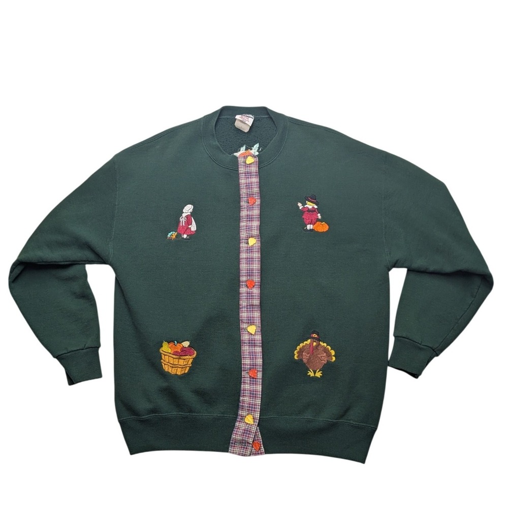 Vintage Jerzees Cardigan Sweatshirt Womens XL Thanksgiving Embroidered Plaid